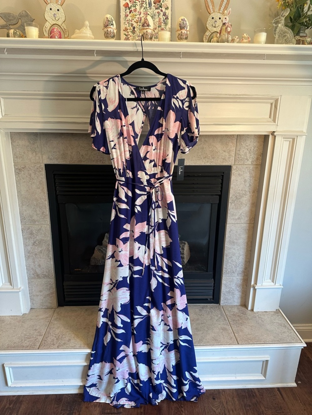 Lulu's Navy Blue Floral Maxi Wrap Dress with Pink and Cream Blooms